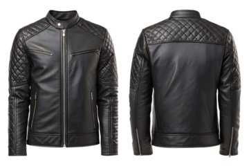 Sleek black leather biker jacket with diamond quilting and zippered details, front and back view.