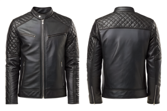 Sleek black leather biker jacket with diamond quilting and zippered details, front and back view.