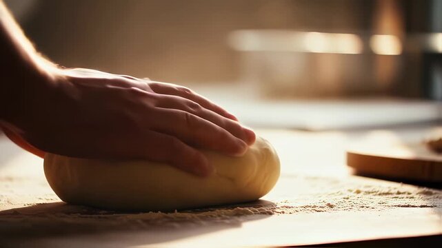 Hand Kneading Fresh Dough on Floured Surface in Warm Light