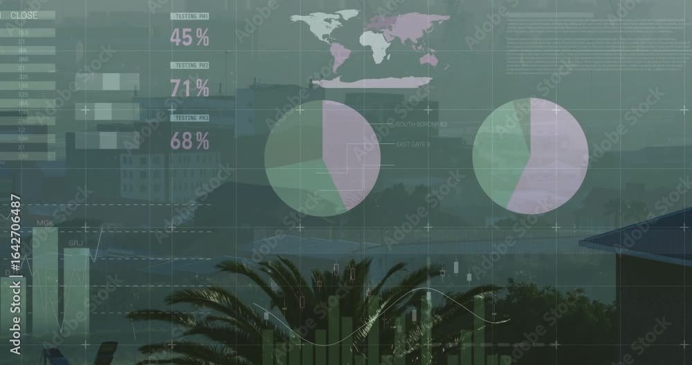 Aufkleber dashboard overlay starting over hazy skyline animating table sliding into charts,maps showing data