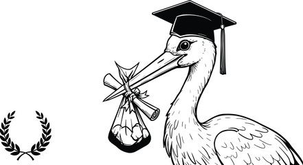 Graduation stork delivering baby, academic cap on bird, newborn in bundle, diploma scroll, hand drawn vector illustration, educational birth concept, symbolic cartoon image