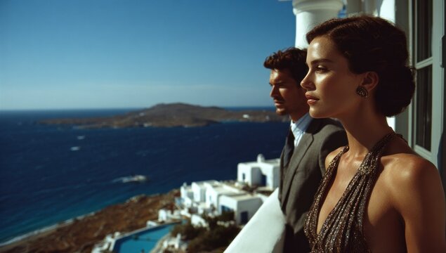 Couple on balcony overlooking Aegean Sea