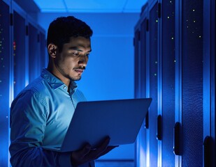 A focused man in a server room, surrounded by rows of blinking servers and cables, wearing a blue shirt and glasses, checking equipment on a laptop.