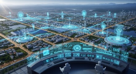 A futuristic cityscape viewed from a control room. Digital interfaces display data overlaid on the urban landscape. Two figures observe the scene.