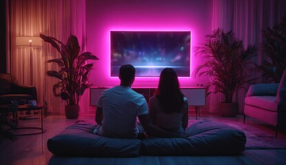 Couple watching TV in neon lit room