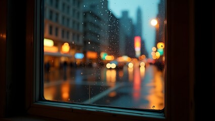 Obraz premium Rainy city night view through a window with blurry lights