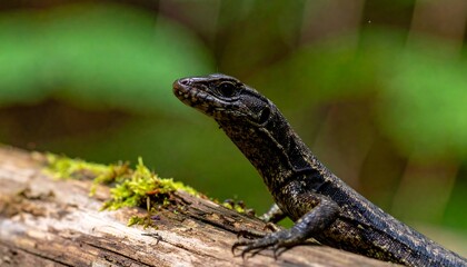 Obraz premium A dark lizard perches on a mossy log, head slightly raised, gazing to the upper-left, set against a softly blurred green backdrop