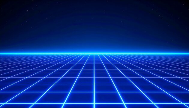 A gridded, glowing horizon stretches to a dark, starry sky - Powered by Adobe