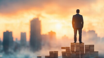 Business leader overlooking city skyline at sunset urban environment inspirational image entrepreneurial vision