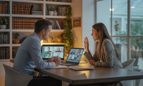 Meeting Two people at table in a well-lit room with laptops and video calls