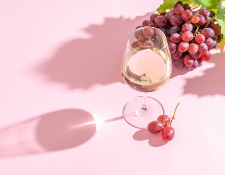 Elegant glass of white wine with a bunch of red grapes on a vibrant pink background. Summer refreshment concept with strong shadows.