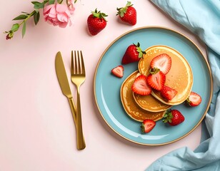 Delicious homemade pancakes with fresh strawberries on a blue plate. A beautiful summer breakfast flat lay with golden cutlery and flowers on a pink background.