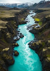 Vast Turquoise River Flowing Through Rugged Green Mountain Canyon with Snow-capped Peaks in Background