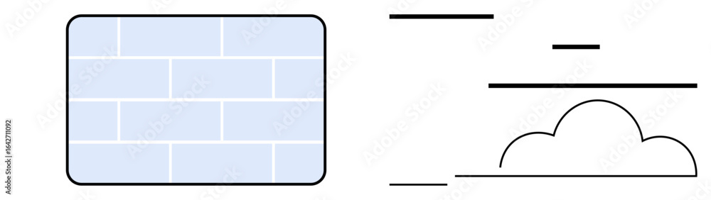 Poster brick wall pattern in gradient blue tones next to minimal cloud and line shapes. ideal for construct