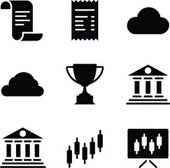 Nine black icons with scroll, receipt, cloud, trophy, bank, and stock chart document
