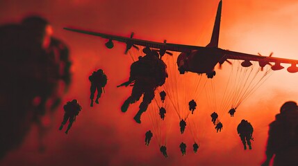 Airborne troops descending from military transport aircraft in a fiery sunset