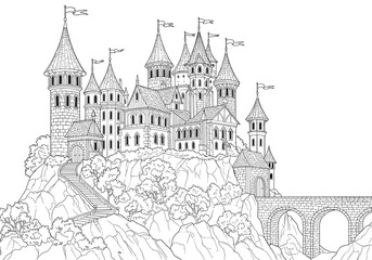 Fototapeta premium Castle coloring page for adults and kids fantasy kingdom drawing line art