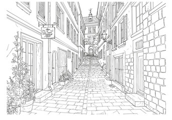 Obraz premium Coloring page of european street scene with buildings and cobblestones