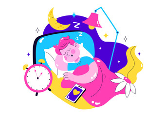 Restful Sleep Vector Illustration featuring a Sweet Dream Scene with Happy People Sleeping on a Soft Cloud and Bed for Relaxation and Calmness