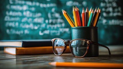 Office pen holder with glasses and colored pencils atop books against chalkboard math equations background. Minimalist educational design ideal for course covers, learning materials, or digital projec