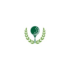 The logo features a dark green golf ball resting on a tee, with dotted details that resemble the texture of a golf ball. The ball and tee are surrounded by two light green leaf branches that form a se