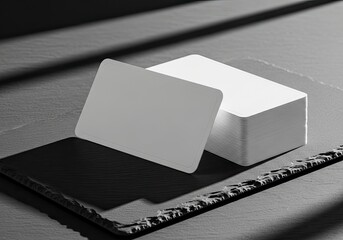 Blank business card mockup for branding identity. Stack of white cards with rounded corners on a dark textured background with dramatic shadow.