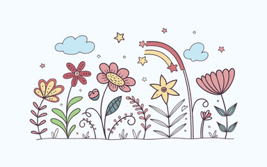 Naklejka premium Whimsical and Decorative Nature Scene Filled with Flowers, Clouds, Stars, and Abstract Shapes Doodle. 