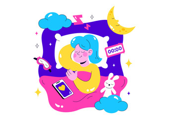 Restful Sleep Vector Illustration featuring a Sweet Dream Scene with Happy People Sleeping on a Soft Cloud and Bed for Relaxation and Calmness