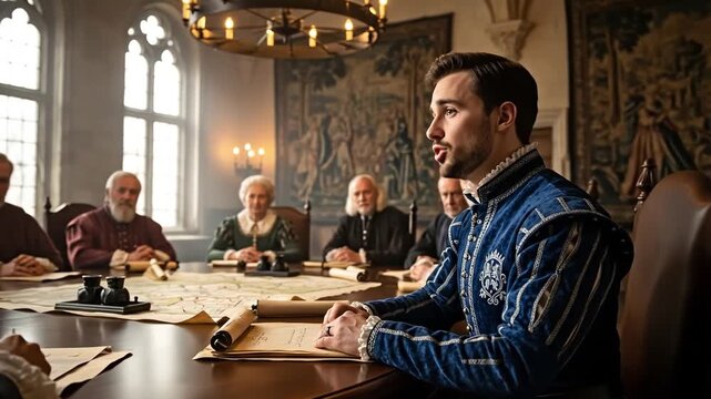 A medieval nobleman in a blue doublet speaking with authority at a royal council meeting.