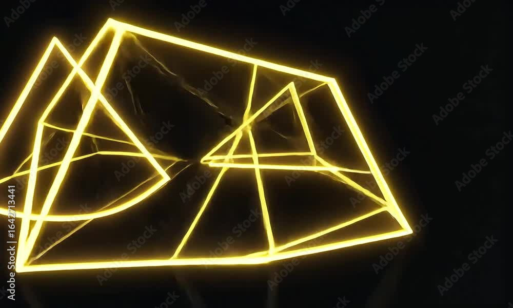 Poster illuminated golden geometric shapes and curved lines on a dark background with light particles