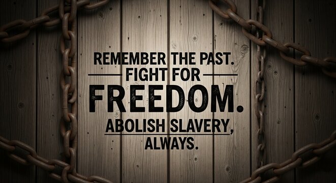 Motivational quote about freedom and abolishing slavery, framed by rusty chains on a wooden background.