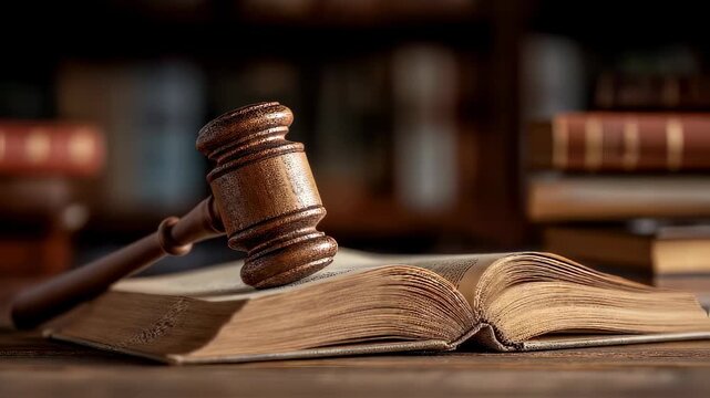 Wooden gavel and open law book on a courtroom desk with legal literature in the background