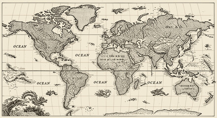 Vintage world map illustration antique geography ocean continents dragons
