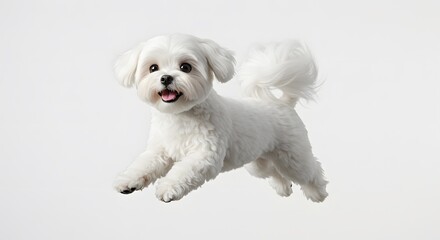 Obraz premium Playful Maltese Puppy, A Joyful Canine Leap on white background, a Maltese dog in mid-air, Energetic dog leaping, 