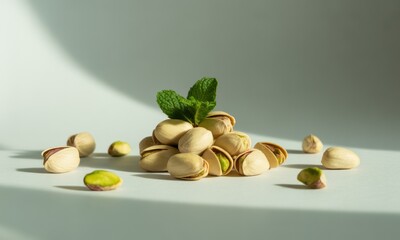 Pistachios & mint stack on white surface, lit by bright, directional light
