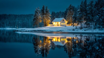 Obraz premium A winter's night scene of a cozy cabin on a frozen lake.
