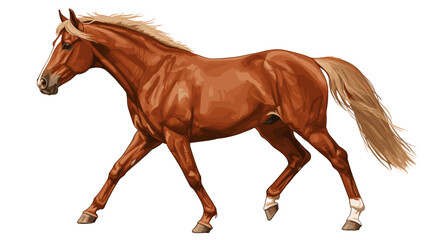 A beautiful chestnut horse with a flowing mane and tail walks gracefully