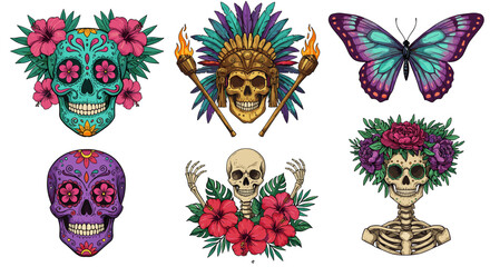 A vibrant collection of stylized sugar skulls adorned with flowers and feathers, alongside a beautiful iridescent butterfly.