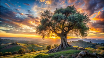 a solitary ancient olive tree standing prominently 