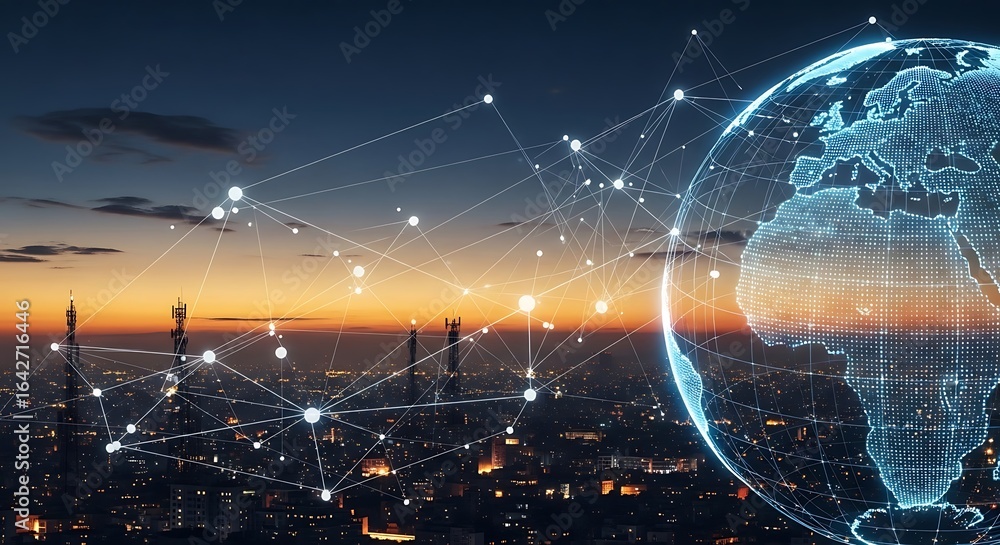 Poster digital globe overlaying a cityscape at dusk, with interconnected network lines and communication to