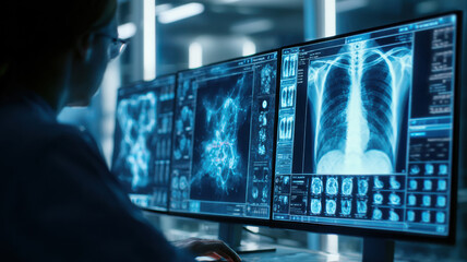 AI analyzing X-ray images in futuristic hospital 