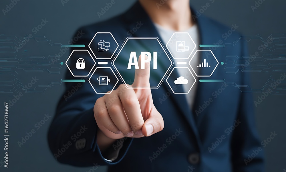 Poster a man in a suit touches a digital api interface with icons.