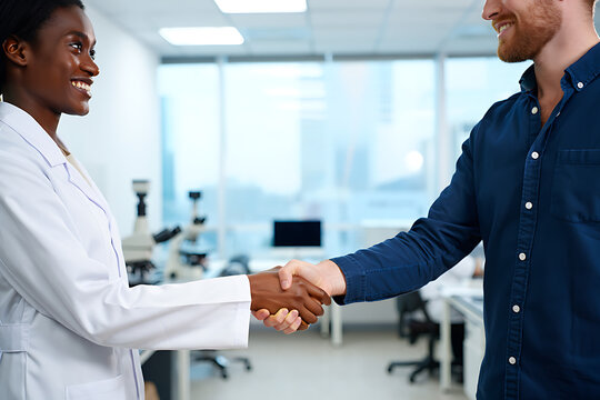 Diverse scientists shaking hands in a modern laboratory setting