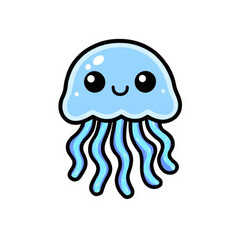 Cute Cartoon Blue Jellyfish with Big Eyes - Transparent PNG