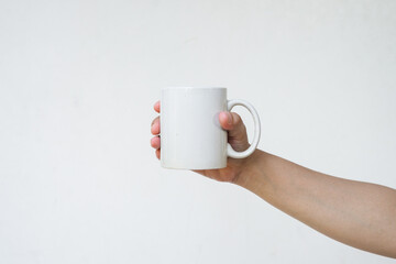 Hand holding white mug in front of white background
