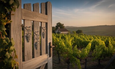Fototapeta premium Rustic wooden gate opens onto vineyard, distant house, and sunset sky