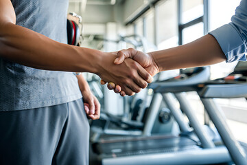 Two men shaking hands in a gym with treadmills in the background