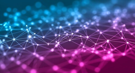 Abstract network of interconnected nodes linked by lines, creating a futuristic digital mesh with blue and pink gradient lighting.