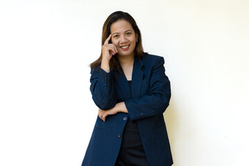 Confident businesswoman crossing arms and smiling on white background