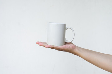 Hand holding white mug in front of white background
